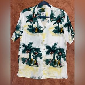 Tropical Watercolor Print Casual Button-Down Shirt - White and Green